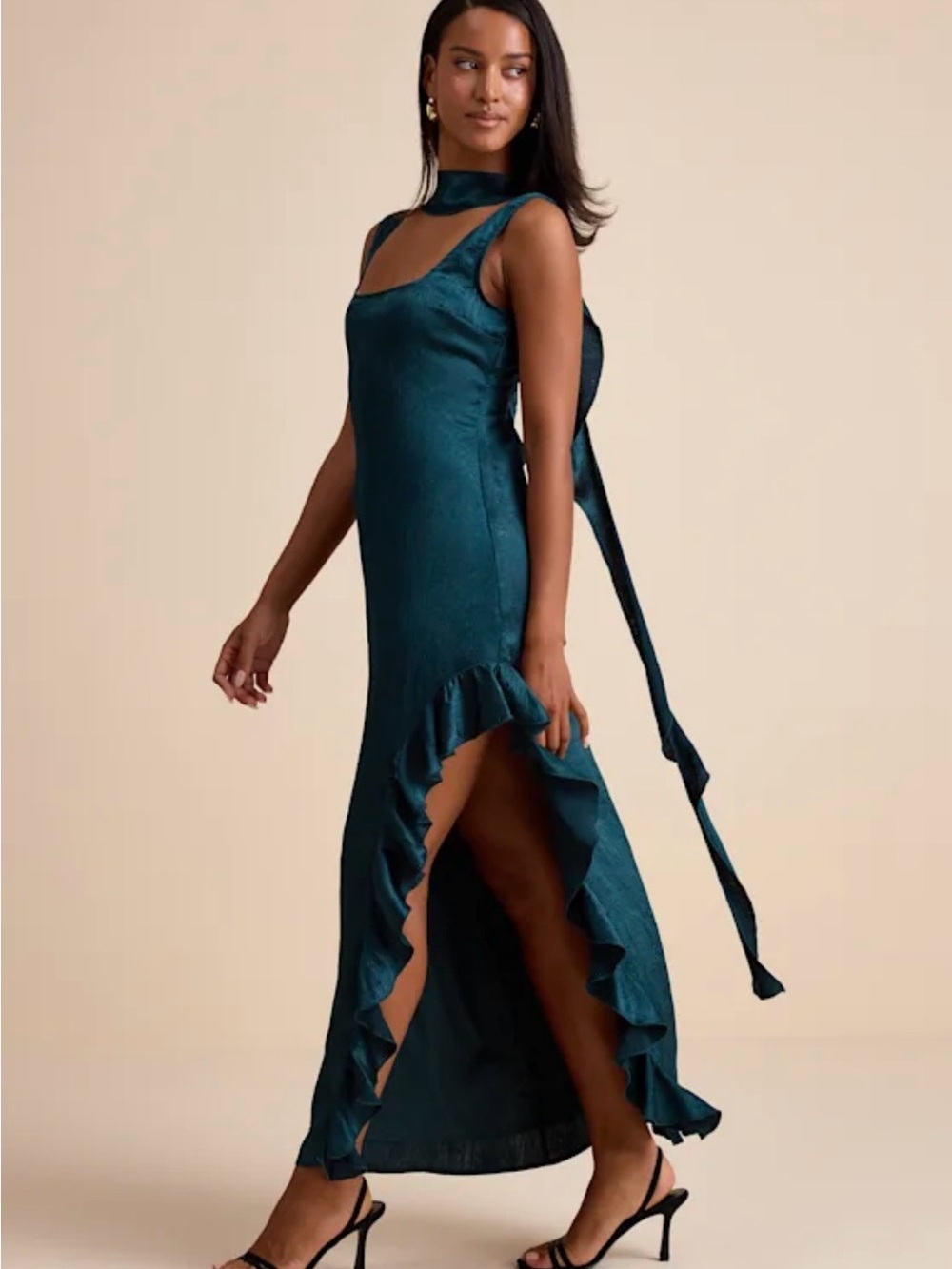 Lulu's Teal Ruffle-Trim Maxi Dress with Long Scarf Tie